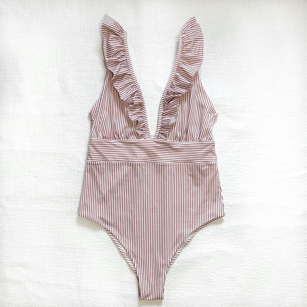 H&M Women's Plunge Neck Ruffle Trim Striped Swimsuit - Size Large